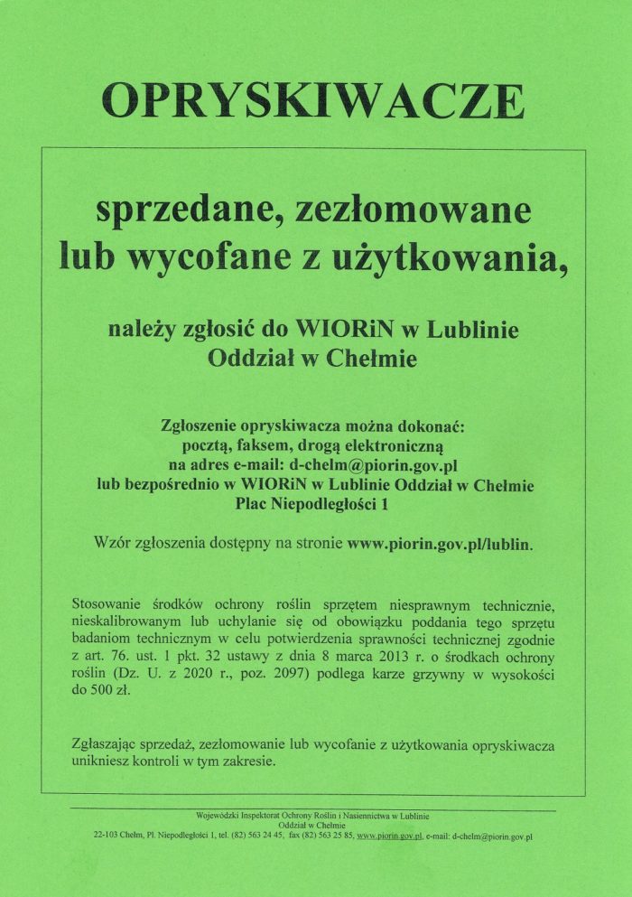 Miniaturka artykułu Komunikat WIORiN w Lublinie dotyczący sprzedaży lub złomowania opryskiwaczy