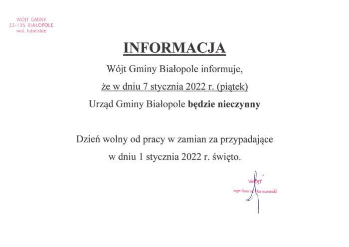 Miniaturka artykułu Informacja o dniu wolnym 7.01.2022 r.