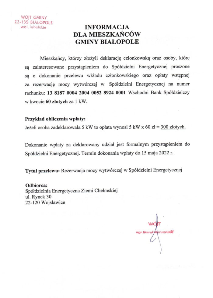 Miniaturka artykułu Informacja dla mieszkańców Gminy Białopole