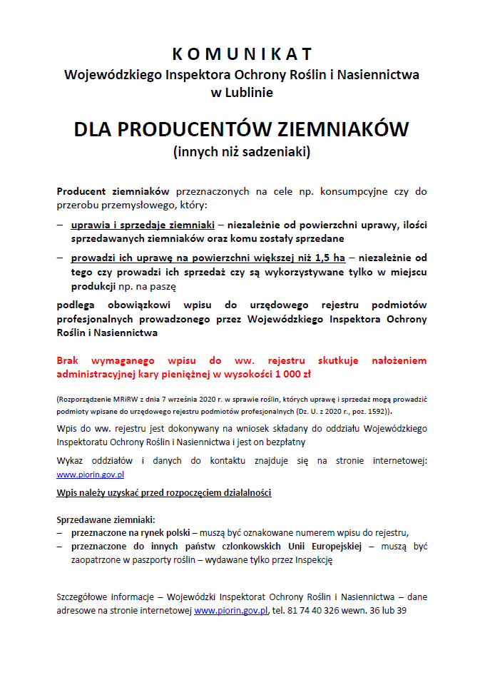 Miniaturka artykułu Komunikat Wojewódzkiego Inspektora Ochrony Roślin i Nasiennictwa w Lublinie dla producentów ziemniaków (innych niż sadzeniaki)