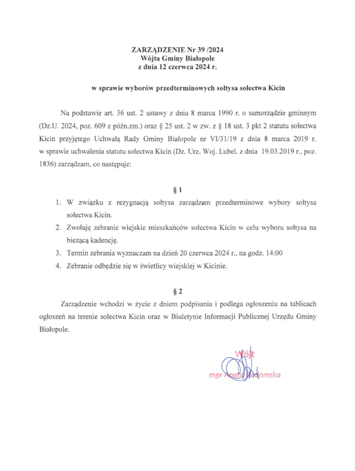 Miniaturka artykułu Zarządzenie Nr 39/2024 Wójta Gminy Białopole z dnia 12 czerwca 2024 r. w sprawie wyborów przedterminowych sołtysa sołectwa Kicin