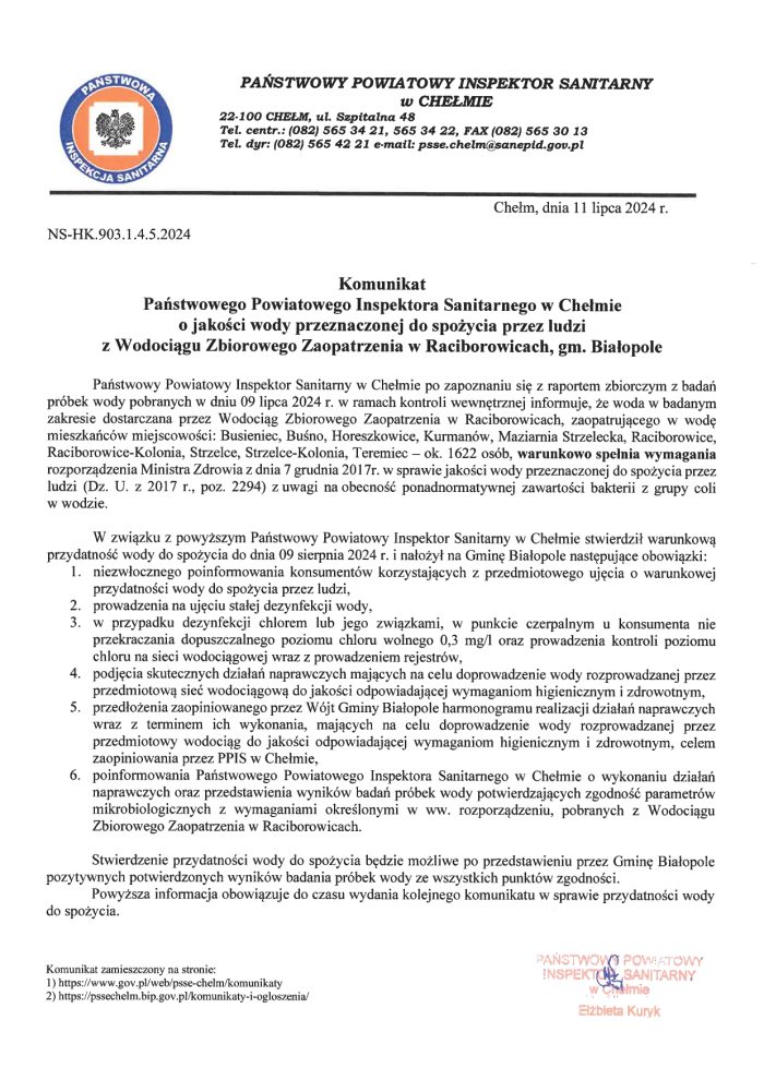 Miniaturka artykułu Komunikat Państwowego Powiatowego Inspektora Sanitarnego w Chełmie
