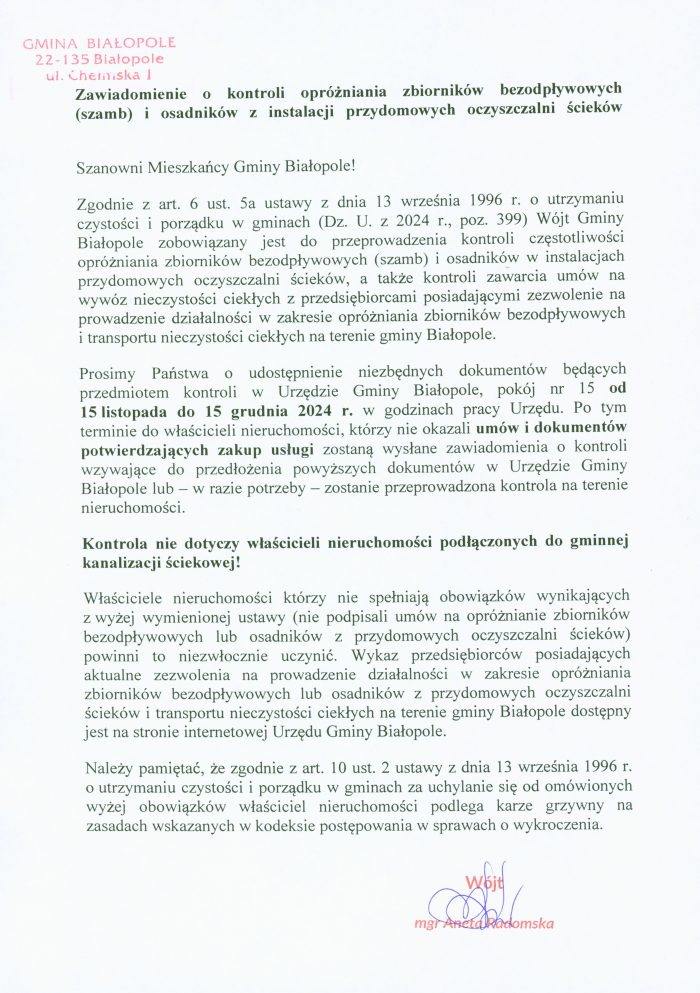 Miniaturka artykułu Zawiadomienie o kontroli opróżniania zbiorników bezodpływowych (szamb) i osadników z instalacji przydomowych oczyszczalni ścieków