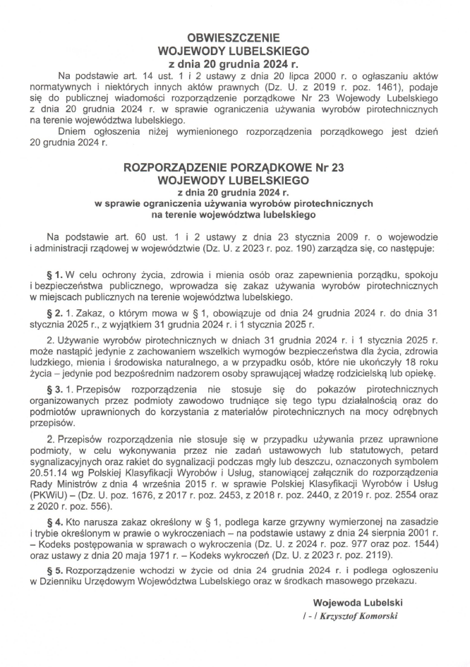 Miniaturka artykułu Obwieszczenie Wojewody Lubelskiego z dnia 20 grudnia 2024 r. w sprawie ograniczenia używania wyrobów pirotechnicznych na terenie województwa lubelskiego