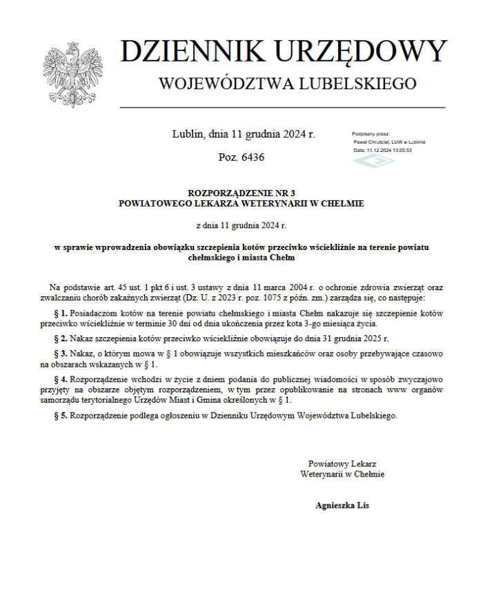 Miniaturka artykułu Rozporządzenie Nr 3 Powiatowego Lekarza Weterynarii w Chełmie z dnia 11 grudnia 2024 r. w sprawie wprowadzenia obowiązku szczepienia kotów przeciwko wściekliźnie na terenie powiatu chełmskiego i miasta Chełm