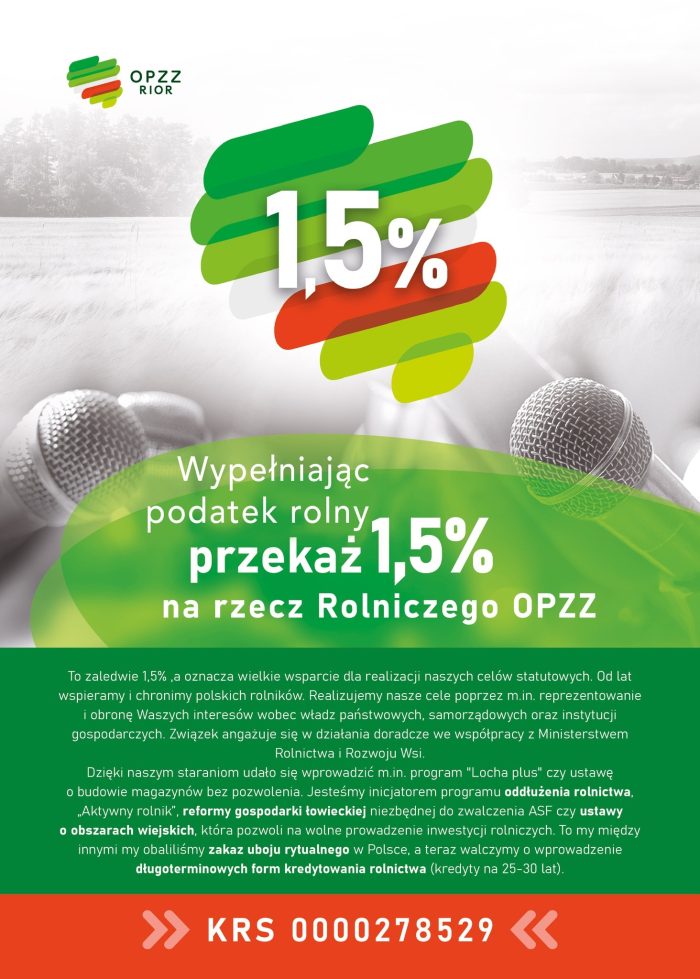 Miniaturka artykułu Informacja OPZZRIOR o zbliżającym się terminie składania deklaracji dotyczących przekazania 1,5% podatku rolnego.