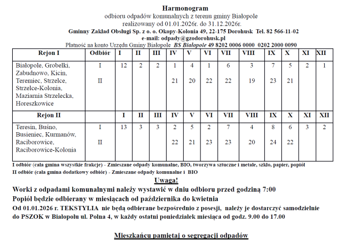 Miniaturka artykułu Harmonogram odbioru odpadów na 2026 r.
