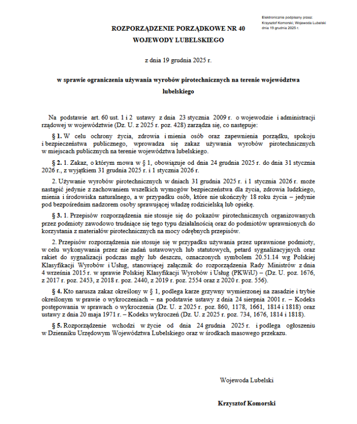 Miniaturka artykułu Rozporządzenie Porządkowe Wojewody Lubelskiego w sprawie ograniczenia używania wyrobów pirotechnicznych na terenie województwa lubelskiego
