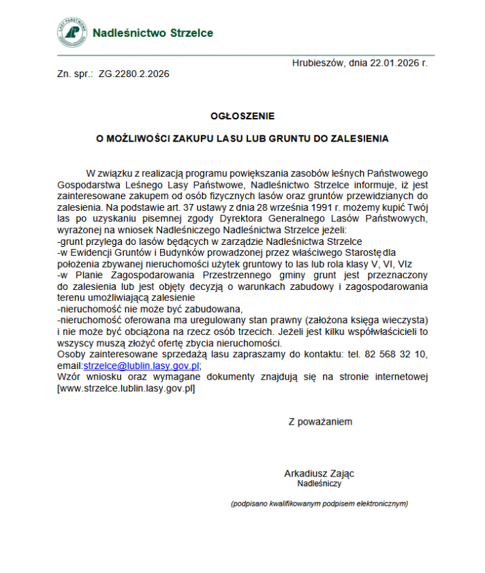 Miniaturka artykułu Ogłoszenie Nadleśnictwa Strzelce o możliwości zakupu lasu lub gruntu do zalesienia