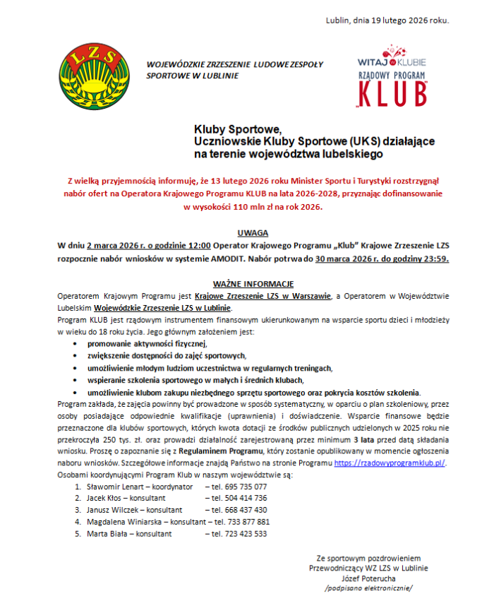 Miniaturka artykułu Informacja Wojewódzkiego Zrzeszenia LZS w Lublinie