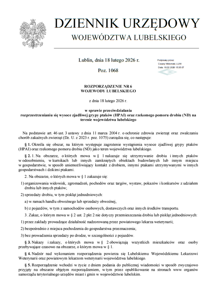 Miniaturka artykułu ROZPORZĄDZENIE NR 6 WOJEWODY LUBELSKIEGO z dnia 18 lutego 2026 r. w sprawie przeciwdziałania rozprzestrzenianiu się wysoce zjadliwej grypy ptaków (HPAI) oraz rzekomego pomoru drobiu (ND) na terenie województwa lubelskiego