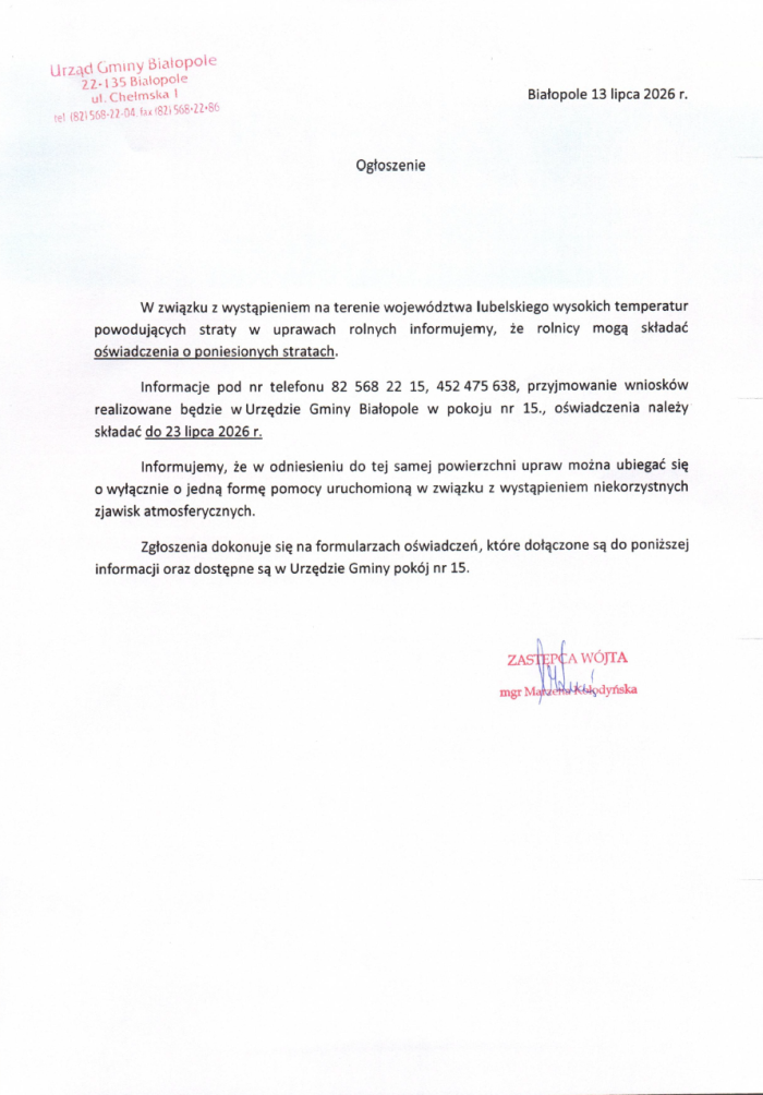 Miniaturka artykułu Ogłoszenie dotyczące możliwości zgłaszania strat spowodowanych wysokimi temperaturami